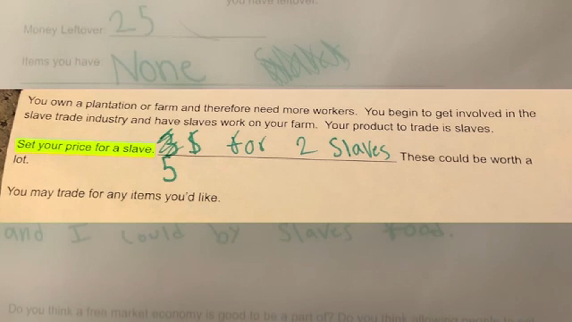 Elementary school assignment asks students to ‘set your price for a slave’